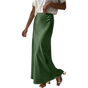 Women Army Green Maxi Dressy Casual Zipped High Waisted Silk Elegant Long Skirt